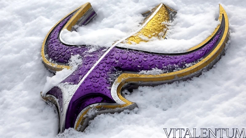 Purple and gold trident emblem lies frosted in fresh snow.