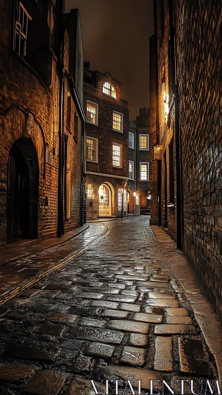 Rain-slick cobblestone alley under warm window glow at night.