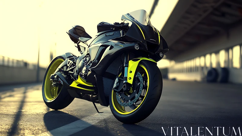 Sport superbike shows neon accents under golden racetrack light.