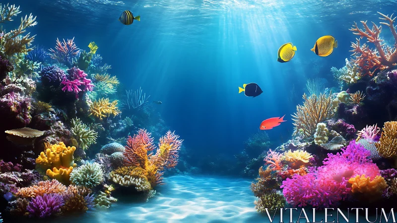 Digital coral reef scene depicts tropical fish in clear water
