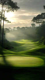 Sunlit golf fairway drifts through misty forest hills.