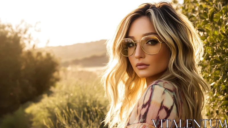 Sunlit portrait highlights blonde hair and golden eyewear.