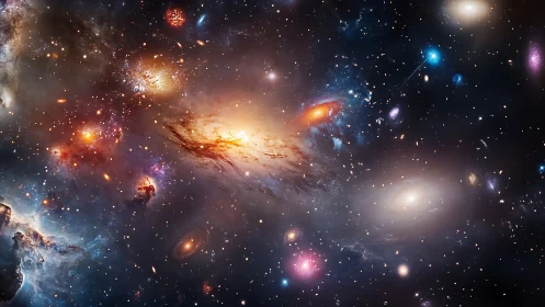 Vast cosmic nebulae and galaxies in luminous deep space.