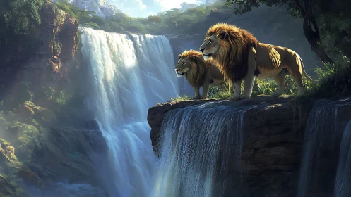Lions Survey Waterfall Kingdom. Majestic Predators Reign.