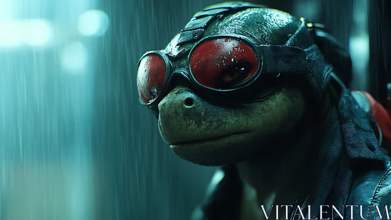 Mutant turtle vigilante wears red goggles in neon rain