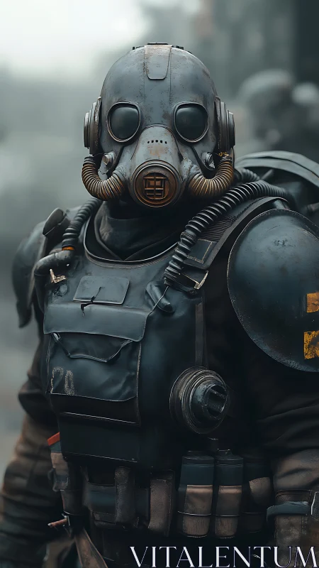 Armored figure in gas mask stands in foggy urban setting