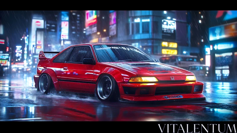 Red Honda street racer glows on wet neon city roadway