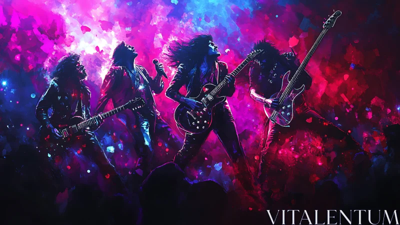 Electric rock band onstage in neon magenta and cyan haze