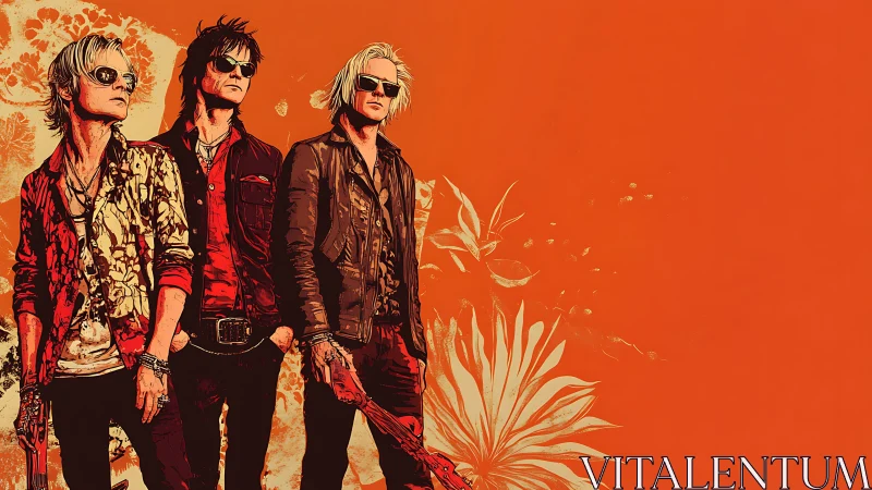 Cool rock trio framed by bold orange and floral flair.