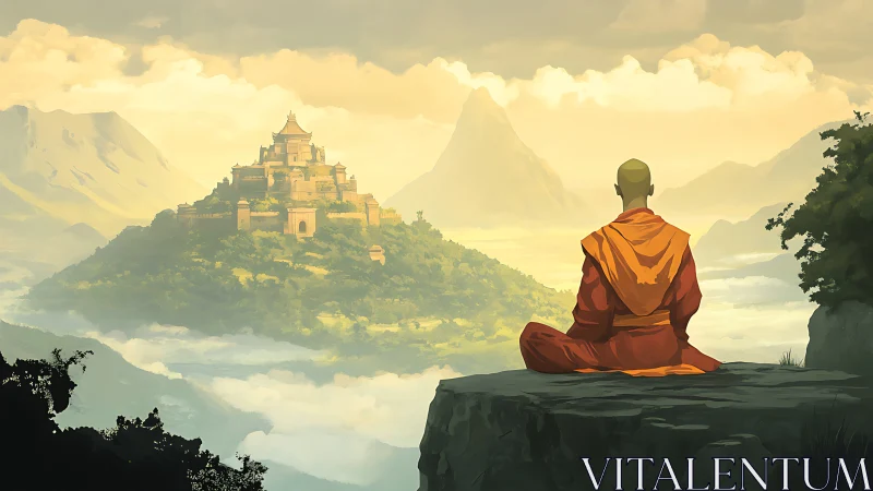 Monk in sunrise silence gazes toward misty mountain temple.