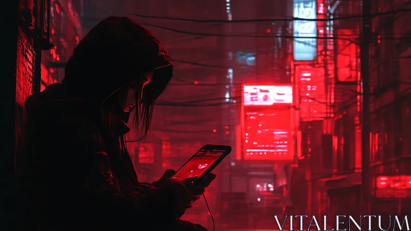Hooded figure hacks a smartphone in neon red cyberpunk alley