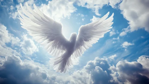 Majestic angel wings in bright sky, digital fantasy art style.