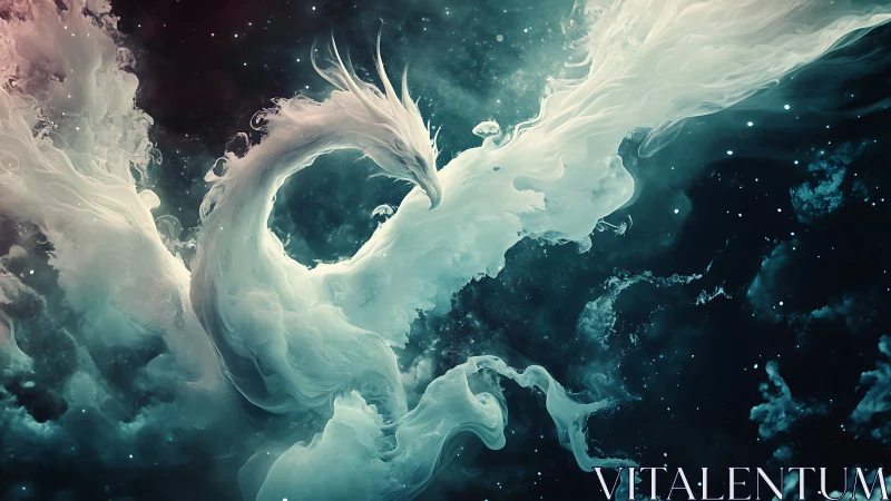 Celestial phoenix rises through swirling nebula clouds.