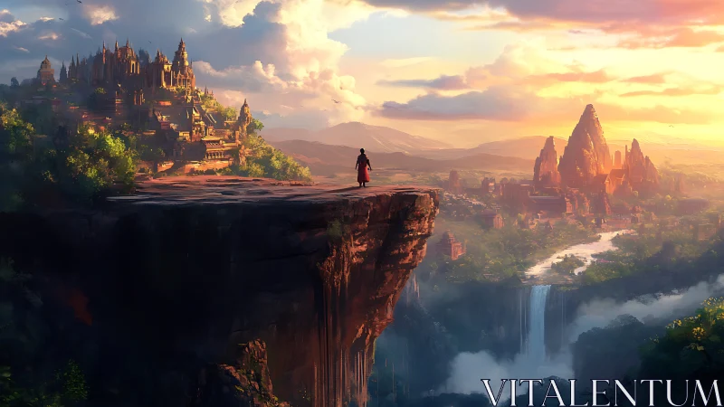 Solitary figure surveys opposing fantasy citadels at sunset