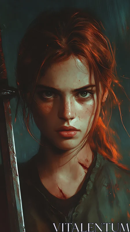 Battle-worn redheaded warrior with sword, intense gaze.