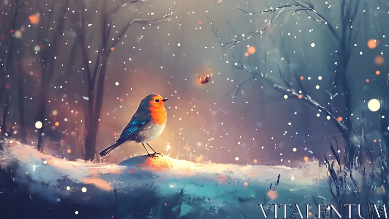 Gentle robin resting in a glowing, snow-dusted winter forest.