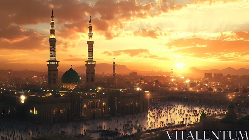 Sunset over large mosque complex with domes and minarets.