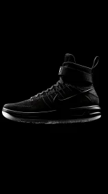 High-contrast black basketball sneaker on dark background.