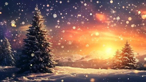 Snow-draped pines under glowing winter sunset sky.