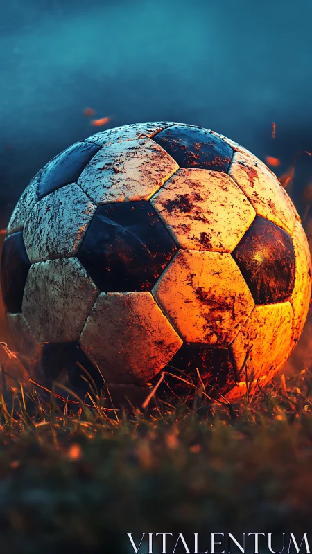 Weathered soccer ball glows against cool blurred background
