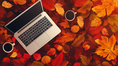 Laptop and coffee nestled in a swirling storm of autumn leaves.
