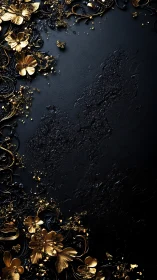 Golden floral relief ornaments contrast with matte black ground