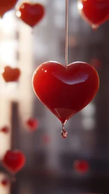 Suspended Red Heart with Liquid Drop - Love Concept.