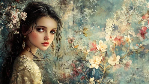 Bloom-kissed maiden gazes through a dream-tinted garden haze.