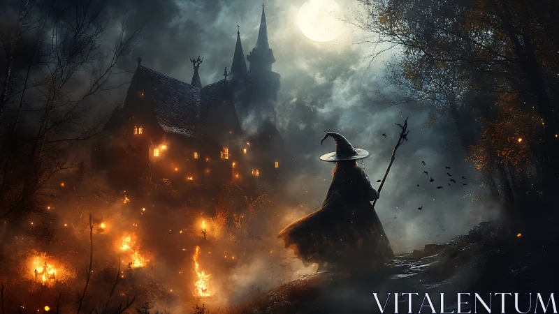 Moonlit witch confronts a burning haunted manor in swirling smoke
