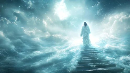 Luminous robed figure ascends celestial steps through radiant sky