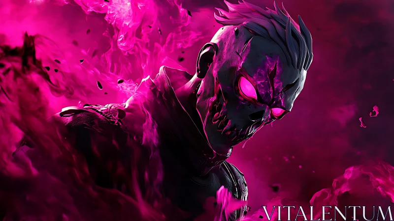 Neon skull warrior emerging through swirling magenta flames.