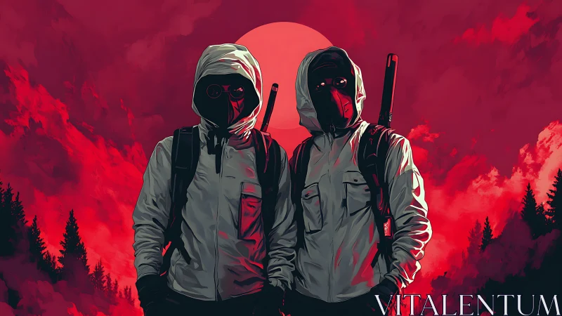 Hooded operatives in stylized red dusk landscape with high contrast