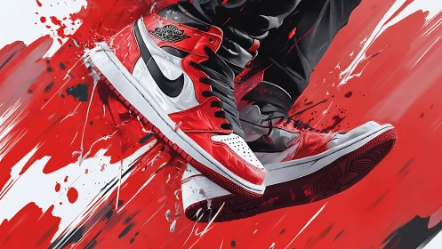 Red and white high-top sneakers in stylized motion study.