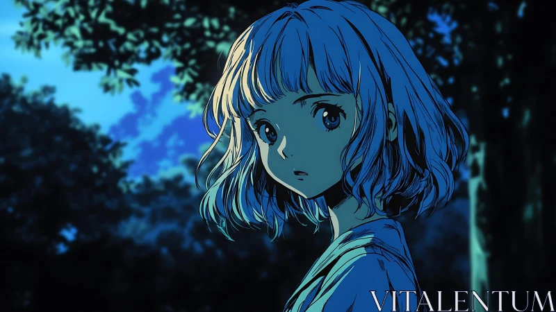 Blue haired anime girl in quiet moonlit forest scene.