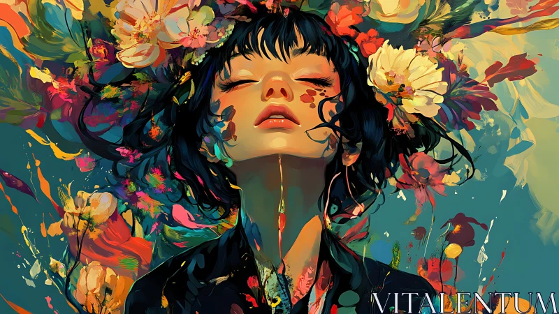 Female portrait with floral abstraction and vivid pigments.