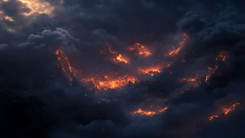 Apocalyptic Sky: Fiery Clouds Illuminate Darkness.