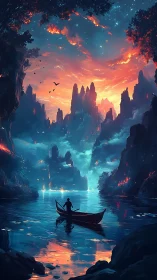Lone dreamer rows beneath ember-lit twilight cliffs.
