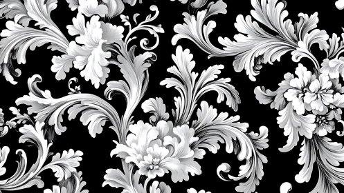 Baroque floral scrolls unfold in bold monochrome elegance.