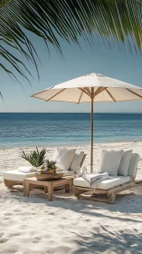 Luxury lounge chairs and umbrella on a calm tropical beach.