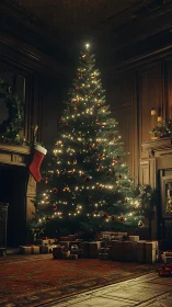Illuminated Christmas tree stands in a wood-paneled interior