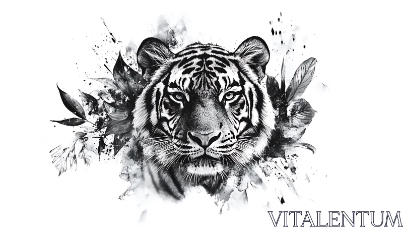 Monochrome tiger portrait merges wild elegance with ink splashes