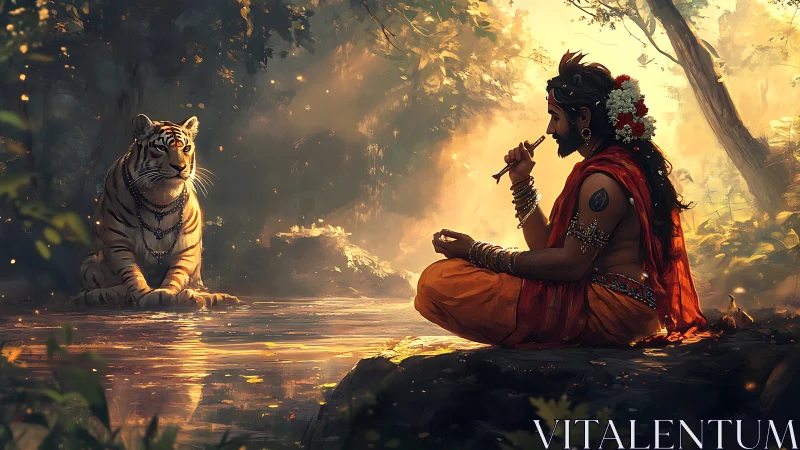 Mystic sage in orange robes meditating by tiger companion.