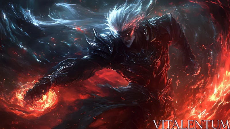 Dark armored mage commands swirling infernal firestorm