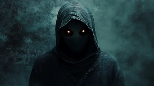 Hooded humanoid figure with obscured face and lit eyes.