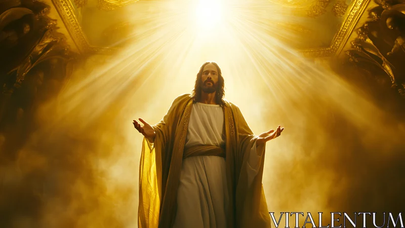 Radiant robed figure under golden divine light from above.