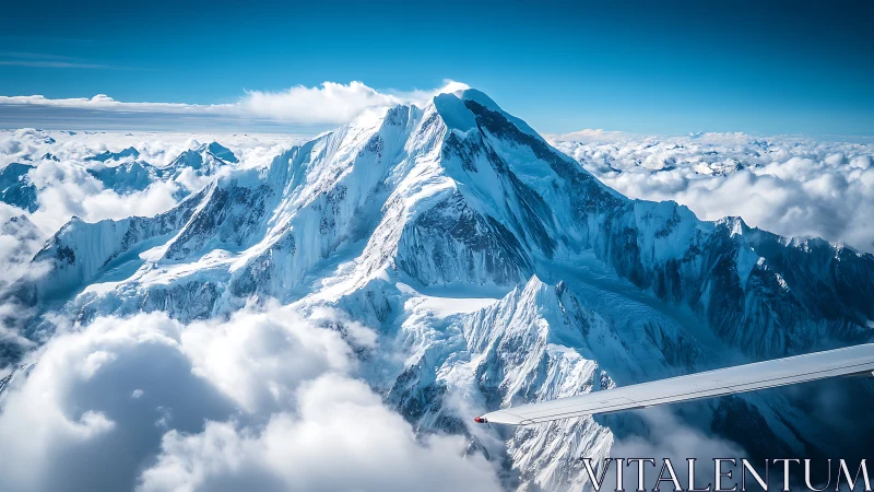 Snowcapped alpine peak rises through bright sunlit clouds.