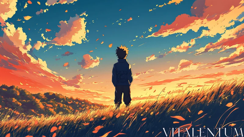 Solitary figure in grassy field under vivid sunset sky.