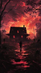 Crimson storm swallows a forsaken house on the hilltop.