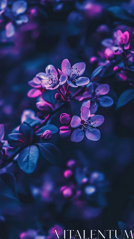 Neon-lit flowers bloom in deep blue and magenta darkness