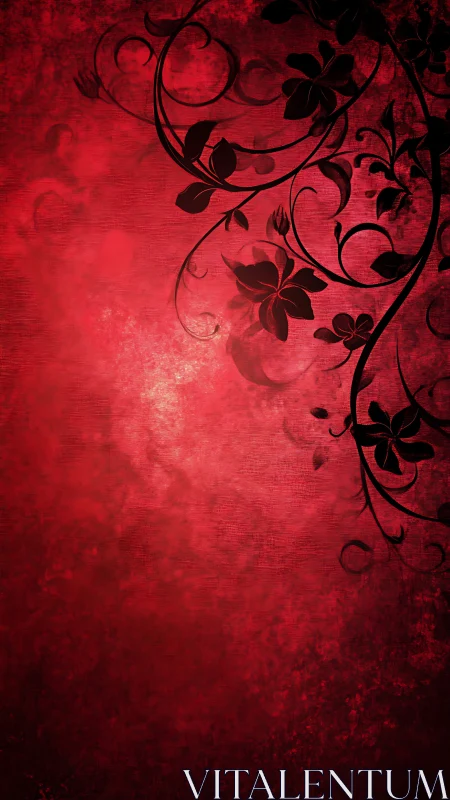 Red Grunge Floral Background with Black Ornamental Vines